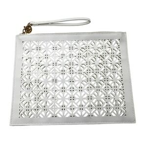 Tory Burch Wristlet Clutch Women White Laser Cut Geometric Saffiano Large